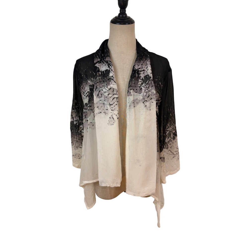 Dressori Silk Kimono Open Cardigan Short Duster Sz S Black White Abstract Laggon